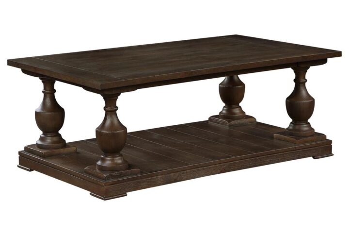 Traditional elements and a rich finish come together in this transitional coffee table. Built of a tropical wood