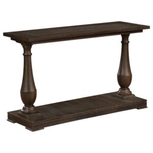 this transitional sofa table lends a charming traditional flair. A rich coffee brown finish offers a refined look to the tropical wood construction
