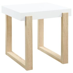whimsical shape and cheerfully bright hues. A white high gloss surface covers a thick square tabletop