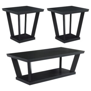 featuring a coffee table and two end tables. Designed with a black finish throughout each furniture piece