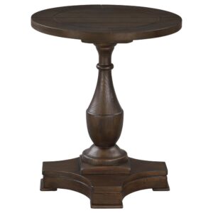 Put the finishing touches on a stylish living space with the timeless ambiance of this transitional wood end table. It boasts a decorative turned-style pedestal resting on a four-point base for wonderful style and stability. The table includes a round top and grooves that adds visual interest and texture beside a sectional or sofa. The table features topical wood construction with pine veneer in a rich coffee finish that complements virtually any space. Pair with the matching coffee table for a truly inspired living room design.