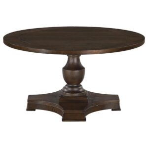 rich coffee finish over tropical wood and pine veneer construction. A round tabletop includes decorative grooves that add dimension and detail