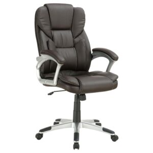 it emphasizes seating comfort to enhance productivity. Relax in a multi-channel seat back and gently molded seat. Adjustable height settings and a caster wheel base offer a range of versatile options and portability. Dark brown leatherette offers both easy care and a beautiful palette blending with silver accents.
