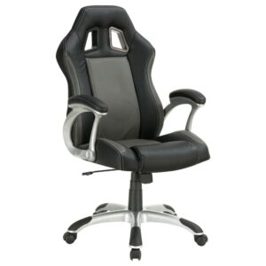 it offers a cool contrast in black leatherette upholstery. Comfortable and ergonomically positive seating makes work tasks a snap. Caster wheels allow for easy mobility.