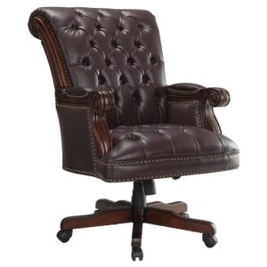 as well as ergonomic excellence. Upholstered in dark brown leatherette