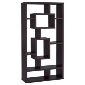 stylish silhouette of this bookcase exudes artistic appeal. With ten shelves of varying shapes and sizes