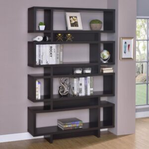 this bookcase offers function and fashion in a transitional setting. Retro flavor stacks open units atop one another