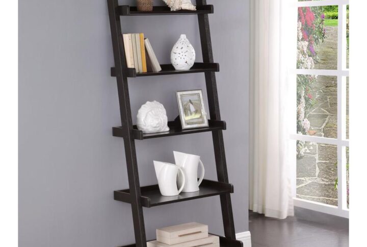 Infuse charm and personality in a transitional space. This tasteful ladder bookcase takes advantage of angles and linear shapes to make room for display. Books