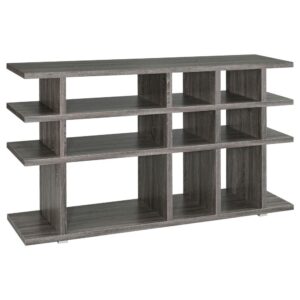 this bookcase is an ideal choice for a small space or a teen's room. Enjoy minimalist design elements and linear styling. A weathered grey finish offers sleek