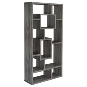 as well as books and planted greenery. Enjoy a sleek weathered grey finish that enhances its contemporary creds. This modern bookcase makes an excellent companion to home office decor.