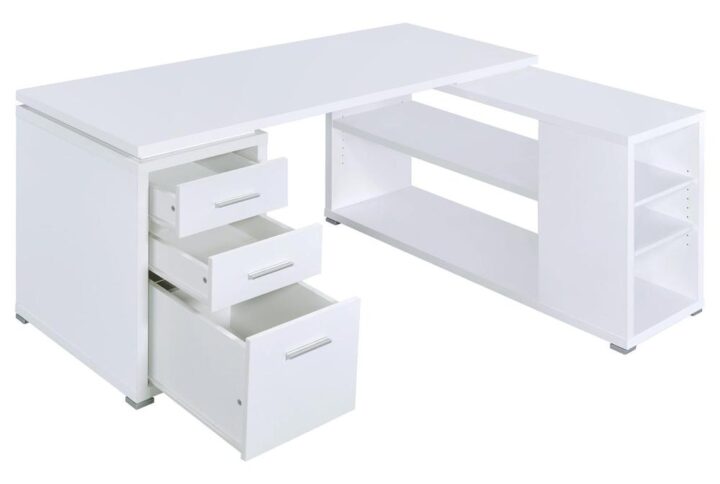 This attractive office desk makes it easy to stay organized. With a variety of drawers and shelves
