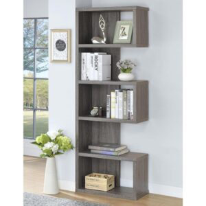 this bookcase brightens up a contemporary space. A visually pleasing arrangement of five tiers creates shelf space for books and decor. Finished in a cool weathered grey