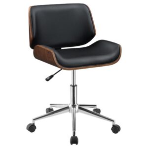 this office chair is functional and fashionable. Enjoy supremely comfortable seating on a molded seat with generous upholstery and a curved base. A gently curved seat back is generously sized and makes a great venue for resting. Easy-care black leatherette with walnut and chrome accents offers an exceptional mix of materials and an enticing palette