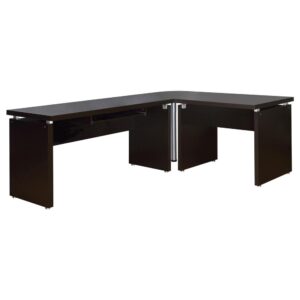 Silver hardware gleams in a modern L-shaped desk. Ideal for working from home
