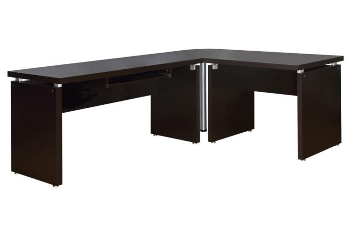 Silver hardware gleams in a modern L-shaped desk. Ideal for working from home