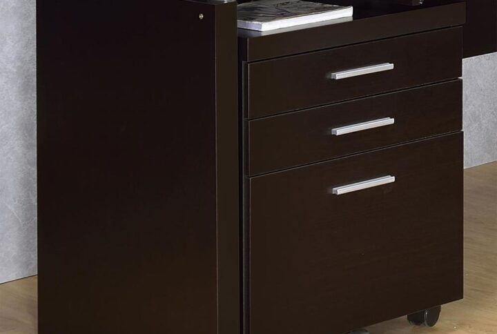 Organize files in style. This mobile file cabinet offers plenty of room to store documents in a desk configuration. With a gorgeous cappuccino finish