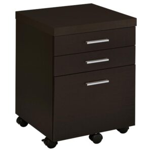 it brings a stylish look to a home or business office. Silver hardware pads its modern appeal. Built-in casters and a storage drawer expand the functionality of this mobile file cabinet.