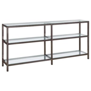 Stylize a modern space with a fashionable and functional piece. This gorgeous bookcase brings together the unmistakable beauty of glass and metal. With a black nickel finished steel frame and clear tempered glass shelving