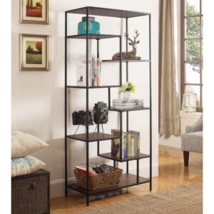 understated style livens up any space. Make this seven-shelf bookcase a prominent accent in a contemporary space. Staggered shelving in varying sizes creates visual interest. Walnut finished shelves join a black finished metal frame to deliver an attractive palette. This bookcase is a great way to display books as well as artistic decor.