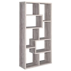 this bookcase sends a positive message. Enjoy a modern configuration with traditional appeal. Puzzle-like construction blends various widths and heights in eight compartments. Perfect for compact areas