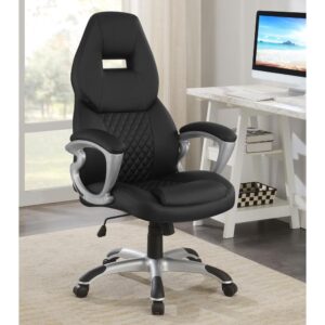 A dynamic silhouette marks the selling point of this black leatherette office chair. Bring an energetic look to a home or business office while providing outstanding comfort. Generously padded sections support extended sitting times