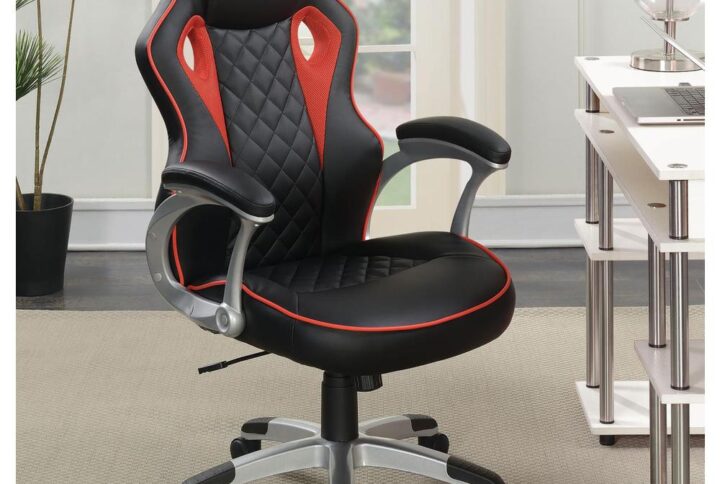 Capitalize on color as you complete work tasks. This black and red office chair delivers an energetic aesthetic and a ton of comfort. Settle in on a nicely padded and molded seat and seat back. Padded armrests and adjustable height positions round out ergonomic benefits. Caster wheels accommodate easy movement.