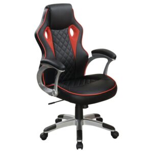 Capitalize on color as you complete work tasks. This black and red office chair delivers an energetic aesthetic and a ton of comfort. Settle in on a nicely padded and molded seat and seat back. Padded armrests and adjustable height positions round out ergonomic benefits. Caster wheels accommodate easy movement.
