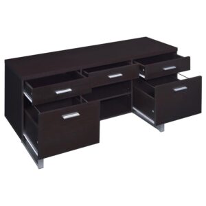 its minimalist design is flattering to a contemporary office. Cappuccino brings a dramatic finish. Metal u-shaped legs and hardware add perfect finishing touches. Storage and utility are top-notch with a top drawer