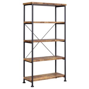 it blends antique nutmeg finish shelving with steel supports finished in black. Find plenty of space to store books and display accent decor. Place in a living room or family room as casual companion furniture. Four shelves and a top surface render this tall bookcase a perfect accent for an office or bedroom.
