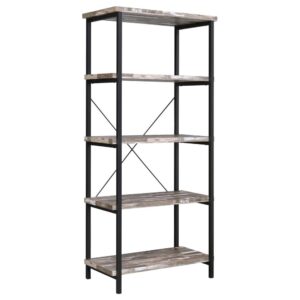 this casual bookcase delivers an industrial flavor for a casual space. Wood shelves in a salvaged cabin finish add to its rustic charm. Black finish metal supports bring a dynamic look and perfect contrast. Place this in a home office or central living space for a fresh