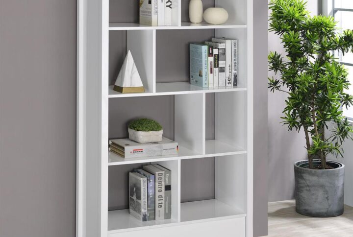 Asymmetrical shelves stack against one another to create this stunning