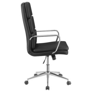 Update your workspace with this modern office chair. A chrome finish on the chair base and contoured arms are a modern touch as is the horizontal stitching on the seat back. This cushioned office chair features an ergonomically contoured back for ideal support and comfort