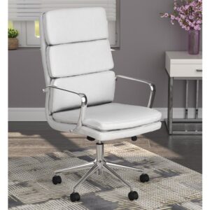 Update your workspace with this modern office chair. A chrome finish on the chair base and contoured arms are a modern touch as is the horizontal stitching on the seat back. This cushioned office chair features an ergonomically contoured back for ideal support and comfort