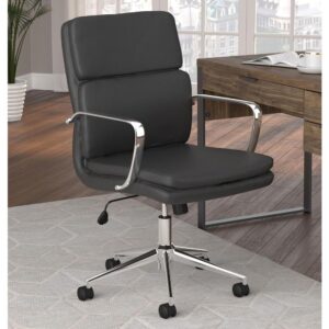 Work in modern comfort and style with this office chair. The sleek styling of the metal frame and arms displays a shiny chrome finish. This cushioned chair features a contoured mid-back design for excellent comfort in a lower profile silhouette. Your new favorite office chair is height adjustable and features casters for easy maneuvering in a busy office space. Supple leatherette upholstery is available in your choice of colors to complement the decor theme of your office.