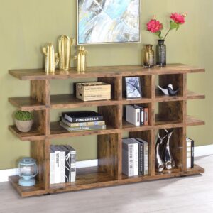 Liven up the look of a living room or home office. This handsome bookcase features a contemporary silhouette with a touch of rustic charm. Nine open shelves of various shapes and sizes provide plenty of room to display an extensive book collection. An antique nutmeg finish infuses its modern design with traditional appeal. Constructed from high-quality materials