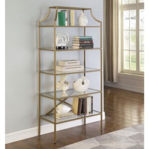A call for strength and style gets answered by this bookcase. Contemporary style allows for easy placement within your space. The stylish metal frame in gold creates conversation. Enjoy durability as all glass elements are tempered. Updated unit boasts five (5) open shelves for use as storage or display.