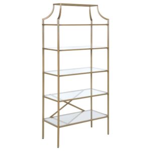 A call for strength and style gets answered by this bookcase. Contemporary style allows for easy placement within your space. The stylish metal frame in gold creates conversation. Enjoy durability as all glass elements are tempered. Updated unit boasts five (5) open shelves for use as storage or display.