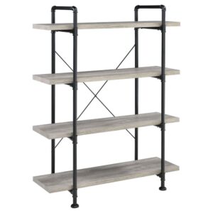paying homage to industrial design. The combination of the black frame and grey driftwood finish awakens a beach chic vibe. Four (4) tiers of open shelving lets you use this piece for storage or display. Maximize your industrial space with the matching writing desk from the same collection.