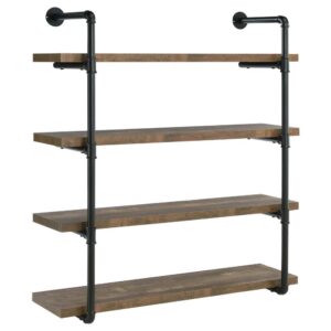 as shown by this wall shelf. Plumbing pipe frame highlights the rugged utility that's the hallmark of the style. Wall hanging adds a unique element to the piece. Incorporates four (4) open shelves for ease of storage or display. Available in a variety of finishes and widths for your specific style and space needs.