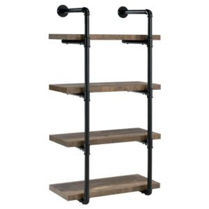 as shown by this wall shelf. Plumbing pipe frame highlights the rugged utility that's the hallmark of the style. Wall hanging adds a unique element to the piece. Incorporates four (4) open shelves for ease of storage or display. Available in a variety of finishes and widths for your specific style and space needs.