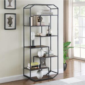 Your dreams of a stylish living area or library come to life with this rustic brown bookcase. Various tiered shelving units create a geometric display. Proudly place your decor items and books on the shelves for an interesting aesthetic appeal. The frame is crafted from durable metal that contrasts with the wood shelving units. Crafted from steel