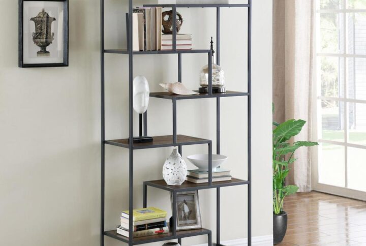 Your dreams of a stylish living area or library come to life with this rustic brown bookcase. Various tiered shelving units create a geometric display. Proudly place your decor items and books on the shelves for an interesting aesthetic appeal. The frame is crafted from durable metal that contrasts with the wood shelving units. Crafted from steel