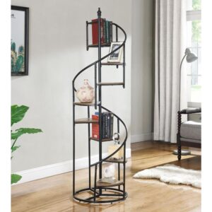 A unique black bookcase in a spiral design is sure to make your heart sing. Eight open shelves cascade down the frame of this rustic and industrial piece. The frame is crafted from metal with a black finish. The triangular shelves are finished in a warm wood color for contrast. Instantly enhance living areas and offices with this black rustic bookcase.