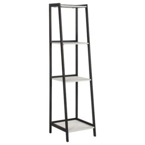 this ladder style bookcase features an open and airy look for compact spaces. It is designed with a chic faux grey stone laminate across each of the shelves and supported by a slim and sturdy steel frame that angles backward