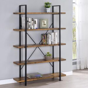 This incredible rustic bookcase will instantly improve your living area or office. Spacious shelves provide plenty of storage for your book collection on this five-shelf bookcase. The cross back design provides additional support and aesthetic flair. This rustic bookcase is constructed from materials such as steel and engineered veneer. Use it as a bookshelf or room divider.