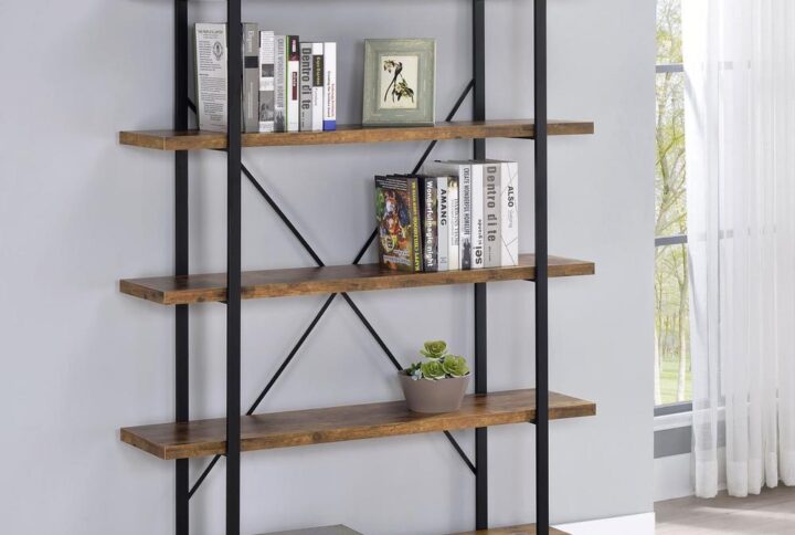 This incredible rustic bookcase will instantly improve your living area or office. Spacious shelves provide plenty of storage for your book collection on this five-shelf bookcase. The cross back design provides additional support and aesthetic flair. This rustic bookcase is constructed from materials such as steel and engineered veneer. Use it as a bookshelf or room divider.