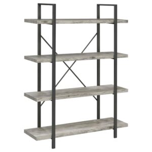 This perfectly rustic style bookcase will soon improve your living area or workspace. Four spacious shelves provide plenty of storage for your book collection. The durable geometric frame provides an open and airy display. The cross back design provides additional support and aesthetic flair. This four-shelf bookcase is constructed from materials such as steel and engineered veneer.