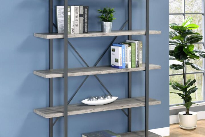 This incredible rustic bookcase will instantly improve your living area or office. Spacious shelves provide plenty of storage for your book collection on this five-shelf bookcase. The cross back design provides additional support and aesthetic flair. This rustic bookcase is constructed from materials such as steel and engineered veneer. Use it as a bookshelf or room divider.