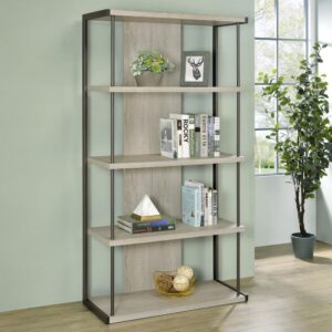 designed with an open and airy frame complete with four slim whitewashed grey shelves held in place by a contrasting grey finished frame. Two slim rods punch through the corners of the grey shelves