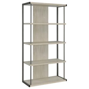 Keep your essentials and decor where you can show them off using this contemporary grey bookcase